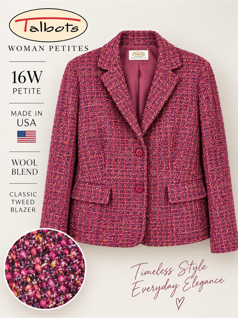 Vintage Talbots Woman Petites 16W Pink Tweed Wool Blend Blazer Made USA